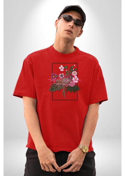 Ne Yapıyorsun Neon Çiçekler Kadın Erkek Ön Baskılı Kırmızı Pamuklu Tişört Penye Klasik fırsatları