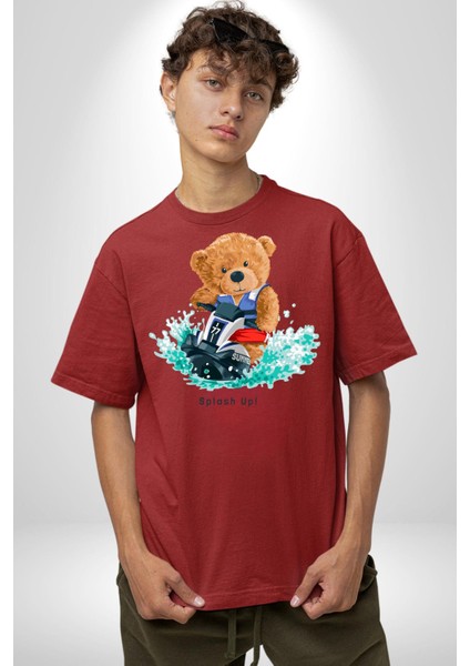 Jetski Süren Oyuncak Ayı Kadın Erkek Ön Baskılı Kırmızı Pamuklu Tişört Penye Klasik