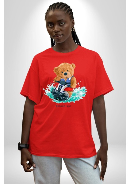 Jetski Süren Oyuncak Ayı Kadın Erkek Ön Baskılı Kırmızı Pamuklu Tişört Penye Klasik fiyatları