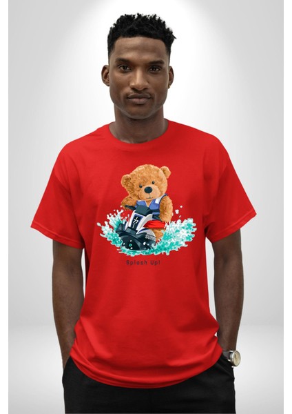 Jetski Süren Oyuncak Ayı Kadın Erkek Ön Baskılı Kırmızı Pamuklu Tişört Penye Klasik modelleri