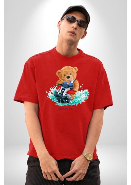 Jetski Süren Oyuncak Ayı Kadın Erkek Ön Baskılı Kırmızı Pamuklu Tişört Penye Klasik indirimleri