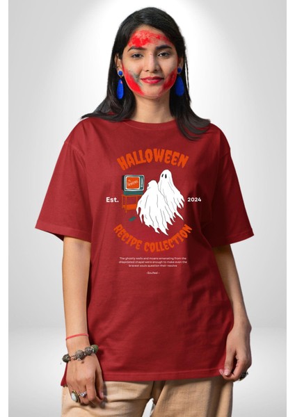 Cadılar Bayramı Tarifi Koleksiyonu Kadın Erkek Ön Baskılı Kırmızı Pamuklu Tişört Penye Klasik