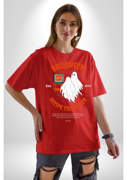 Cadılar Bayramı Tarifi Koleksiyonu Kadın Erkek Ön Baskılı Kırmızı Pamuklu Tişört Penye Klasik fiyatları