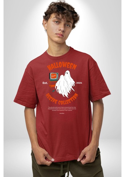 Cadılar Bayramı Tarifi Koleksiyonu Kadın Erkek Ön Baskılı Kırmızı Pamuklu Tişört Penye Klasik modelleri