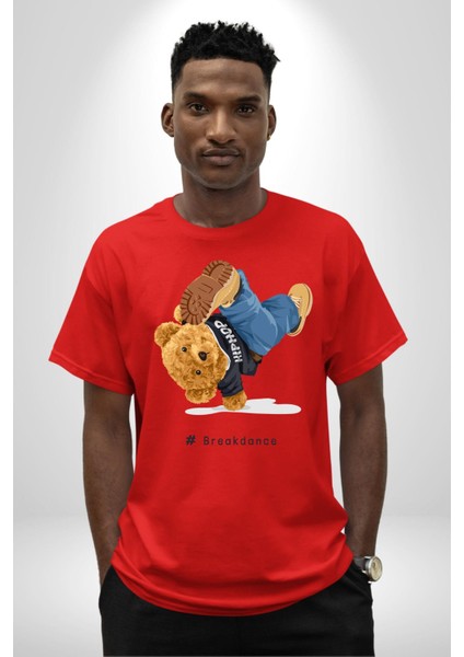 Break Dance Yapan Oyuncak Ayı Kadın Erkek Ön Baskılı Kırmızı Pamuklu Tişört Penye Klasik