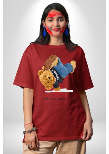 Break Dance Yapan Oyuncak Ayı Kadın Erkek Ön Baskılı Kırmızı Pamuklu Tişört Penye Klasik fırsatları