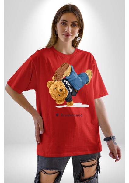 Break Dance Yapan Oyuncak Ayı Kadın Erkek Ön Baskılı Kırmızı Pamuklu Tişört Penye Klasik indirimleri