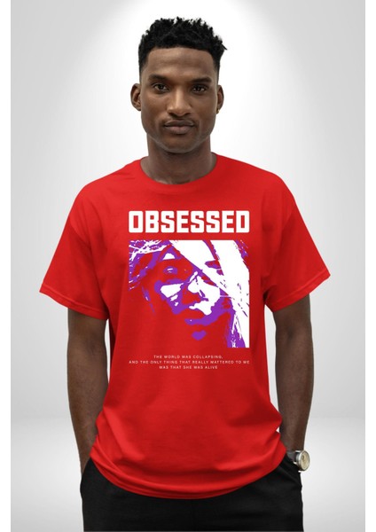 Takıntılı Havalı Kadın Kadın Erkek Ön Baskılı Kırmızı Pamuklu Tişört Penye Klasik