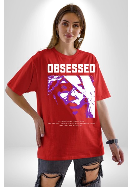 Takıntılı Havalı Kadın Kadın Erkek Ön Baskılı Kırmızı Pamuklu Tişört Penye Klasik indirimleri