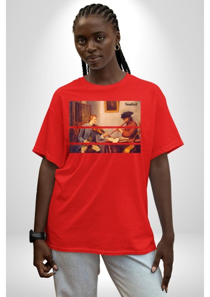 Kemanist ve Flütçü Orta Çağ Kadın Erkek Ön Baskılı Kırmızı Pamuklu Tişört Penye Klasik