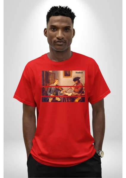 Kemanist ve Flütçü Orta Çağ Kadın Erkek Ön Baskılı Kırmızı Pamuklu Tişört Penye Klasik fiyatları