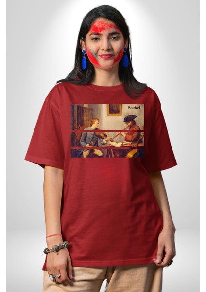 Kemanist ve Flütçü Orta Çağ Kadın Erkek Ön Baskılı Kırmızı Pamuklu Tişört Penye Klasik indirimleri