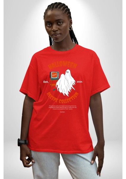 Cadılar Bayramı Tarifi Koleksiyonu Kadın Erkek Ön Baskılı Kırmızı Pamuklu Tişört Penye Klasik fırsatları