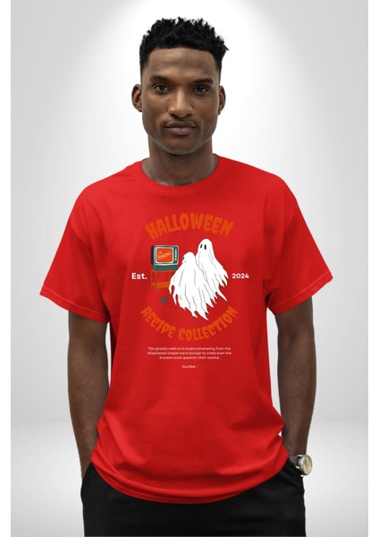 Cadılar Bayramı Tarifi Koleksiyonu Kadın Erkek Ön Baskılı Kırmızı Pamuklu Tişört Penye Klasik indirimleri