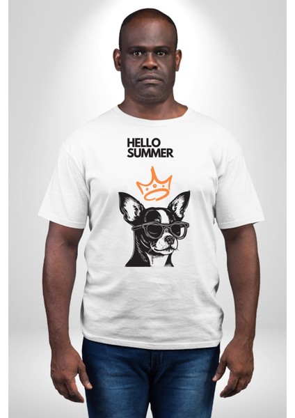 Chihuahua Köpek Merhaba Yaz Kadın Erkek Ön Baskılı Beyaz Pamuklu Tişört Penye Klasik
