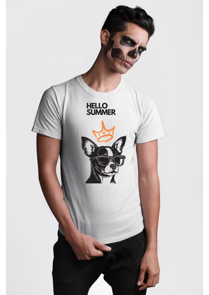 Chihuahua Köpek Merhaba Yaz Kadın Erkek Ön Baskılı Beyaz Pamuklu Tişört Penye Klasik modelleri
