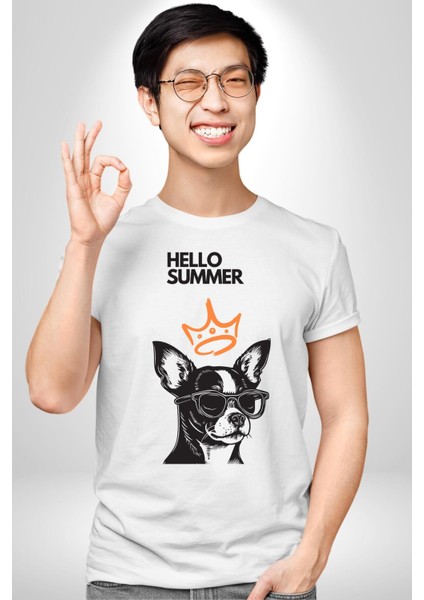 Chihuahua Köpek Merhaba Yaz Kadın Erkek Ön Baskılı Beyaz Pamuklu Tişört Penye Klasik fırsatları