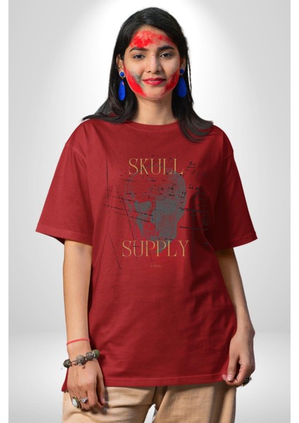 Kafatası Temini Zengin Tasarım Kadın Erkek Ön Baskılı Kırmızı Pamuklu Tişört Penye Klasik fiyatları