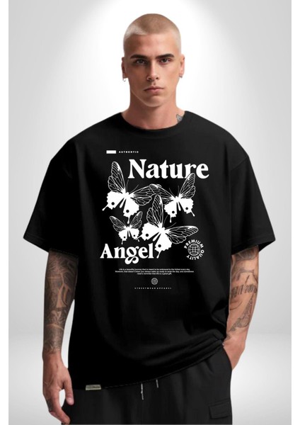 Doğa Meleği Sokak Tarzı Kadın Erkek Ön Baskılı Siyah Pamuklu Tişört Penye Klasik