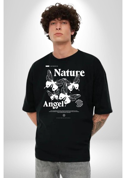 Doğa Meleği Sokak Tarzı Kadın Erkek Ön Baskılı Siyah Pamuklu Tişört Penye Klasik fiyatları