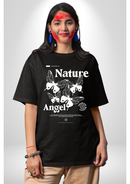 Doğa Meleği Sokak Tarzı Kadın Erkek Ön Baskılı Siyah Pamuklu Tişört Penye Klasik modelleri
