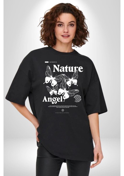 Doğa Meleği Sokak Tarzı Kadın Erkek Ön Baskılı Siyah Pamuklu Tişört Penye Klasik fırsatları