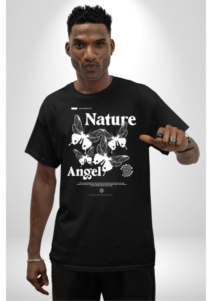 Doğa Meleği Sokak Tarzı Kadın Erkek Ön Baskılı Siyah Pamuklu Tişört Penye Klasik indirimleri