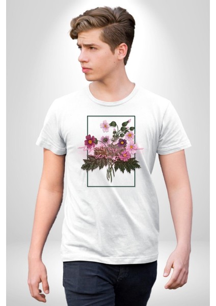 Ne Yapıyorsun Neon Çiçekler Kadın Erkek Ön Baskılı Beyaz Pamuklu Tişört Penye Klasik