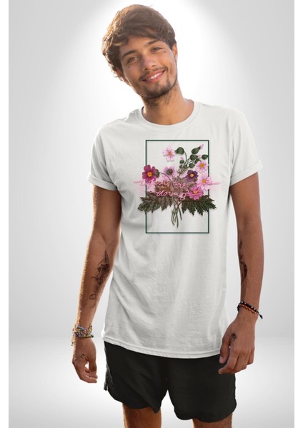 Ne Yapıyorsun Neon Çiçekler Kadın Erkek Ön Baskılı Beyaz Pamuklu Tişört Penye Klasik modelleri