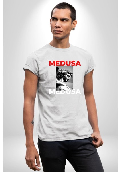 Medusa Yunan Heykeli Kadın Erkek Ön Baskılı Beyaz Pamuklu Tişört Penye Klasik modelleri