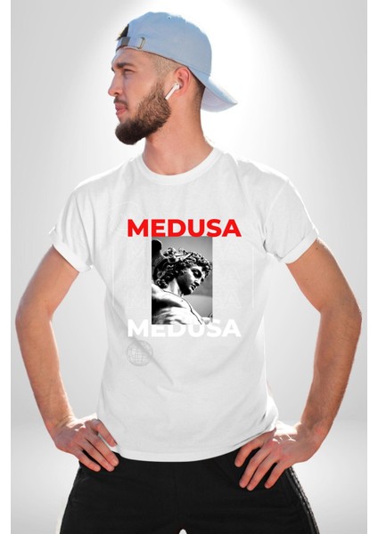 Medusa Yunan Heykeli Kadın Erkek Ön Baskılı Beyaz Pamuklu Tişört Penye Klasik fırsatları