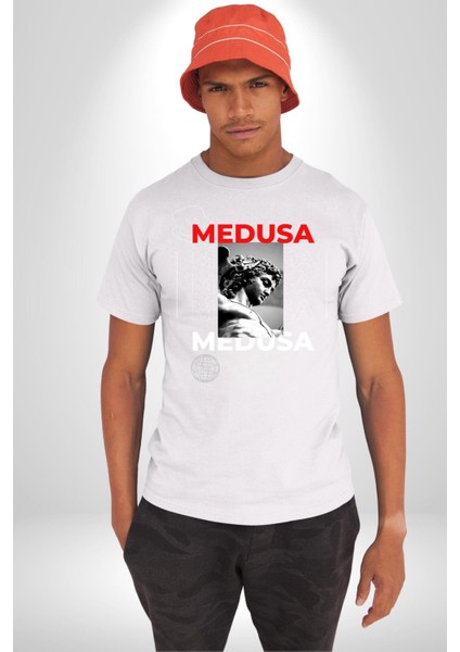 Medusa Yunan Heykeli Kadın Erkek Ön Baskılı Beyaz Pamuklu Tişört Penye Klasik indirimleri