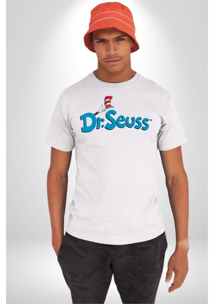 Dr.seuss Komik Şapka Logo Kadın Erkek Ön Baskılı Beyaz Pamuklu Tişört Penye Klasik