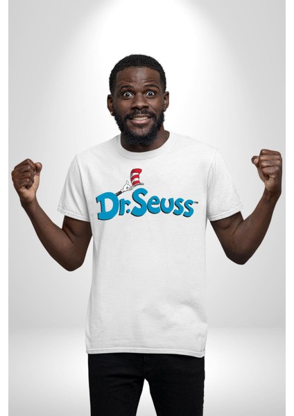Dr.seuss Komik Şapka Logo Kadın Erkek Ön Baskılı Beyaz Pamuklu Tişört Penye Klasik fırsatları