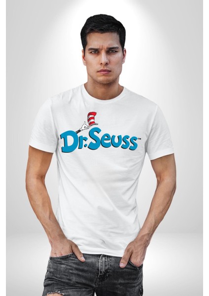 Dr.seuss Komik Şapka Logo Kadın Erkek Ön Baskılı Beyaz Pamuklu Tişört Penye Klasik indirimleri