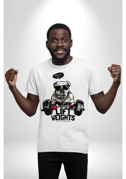 Ağırlıkçı Halter Sporcu Pitbull Kadın Erkek Ön Baskılı Beyaz Pamuklu Tişört Penye Klasik