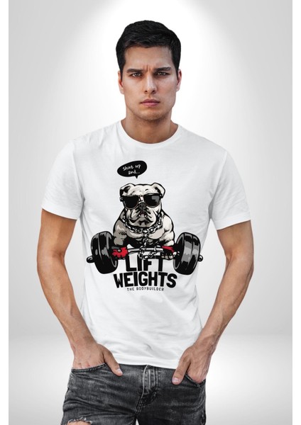 Ağırlıkçı Halter Sporcu Pitbull Kadın Erkek Ön Baskılı Beyaz Pamuklu Tişört Penye Klasik fiyatları