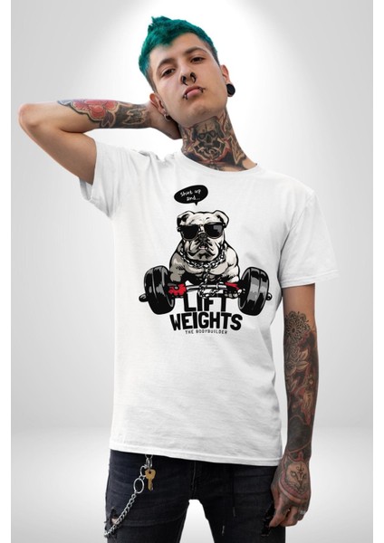 Ağırlıkçı Halter Sporcu Pitbull Kadın Erkek Ön Baskılı Beyaz Pamuklu Tişört Penye Klasik modelleri