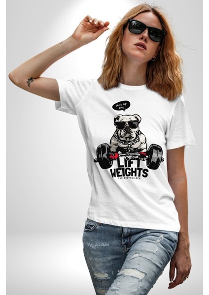 Ağırlıkçı Halter Sporcu Pitbull Kadın Erkek Ön Baskılı Beyaz Pamuklu Tişört Penye Klasik fırsatları