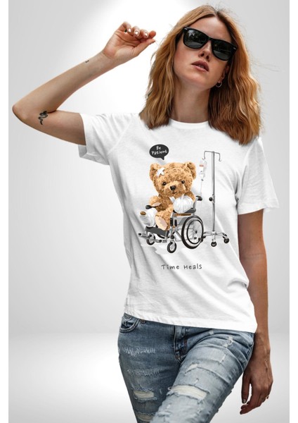 Zaman Oyuncak Ayı Kadın Erkek Ön Baskılı Beyaz Pamuklu Tişört Penye Klasik