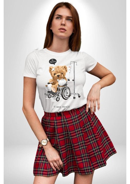 Zaman Oyuncak Ayı Kadın Erkek Ön Baskılı Beyaz Pamuklu Tişört Penye Klasik modelleri