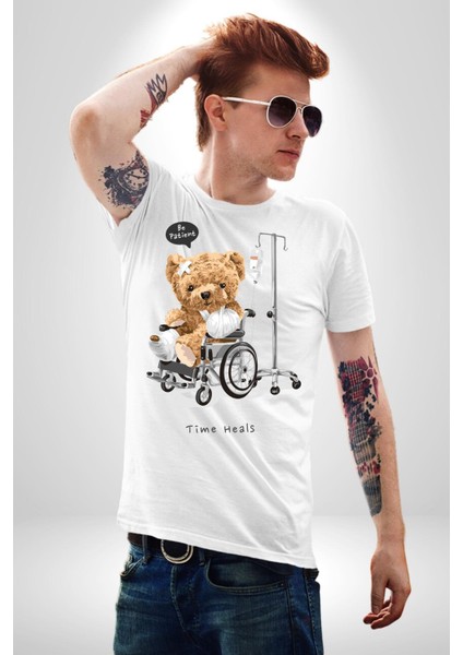 Zaman Oyuncak Ayı Kadın Erkek Ön Baskılı Beyaz Pamuklu Tişört Penye Klasik fırsatları