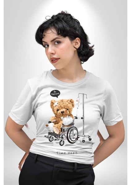 Zaman Oyuncak Ayı Kadın Erkek Ön Baskılı Beyaz Pamuklu Tişört Penye Klasik indirimleri