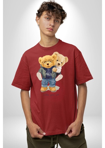 Tatlı Sevgililer Günü Oyuncak Ayı Kadın Erkek Ön Baskılı Kırmızı Pamuklu Tişört Penye Klasik