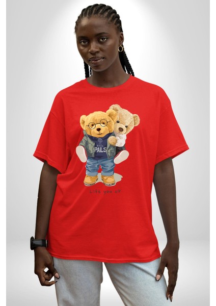 Tatlı Sevgililer Günü Oyuncak Ayı Kadın Erkek Ön Baskılı Kırmızı Pamuklu Tişört Penye Klasik fiyatları