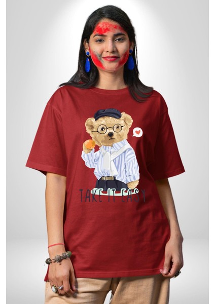 Boşver Oyuncak Tatlı Ayı Kadın Erkek Ön Baskılı Kırmızı Pamuklu Tişört Penye Klasik
