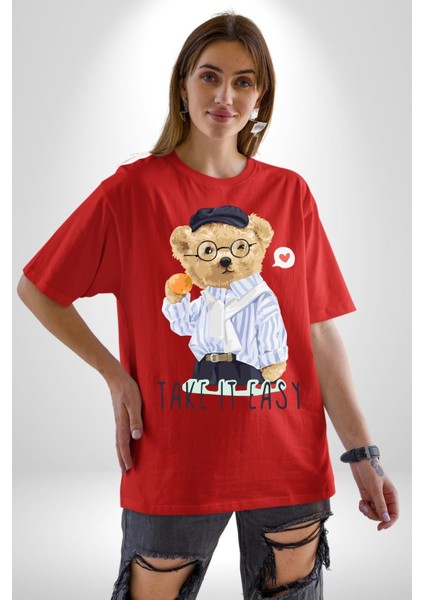 Boşver Oyuncak Tatlı Ayı Kadın Erkek Ön Baskılı Kırmızı Pamuklu Tişört Penye Klasik fiyatları