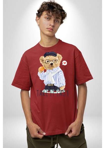 Boşver Oyuncak Tatlı Ayı Kadın Erkek Ön Baskılı Kırmızı Pamuklu Tişört Penye Klasik modelleri