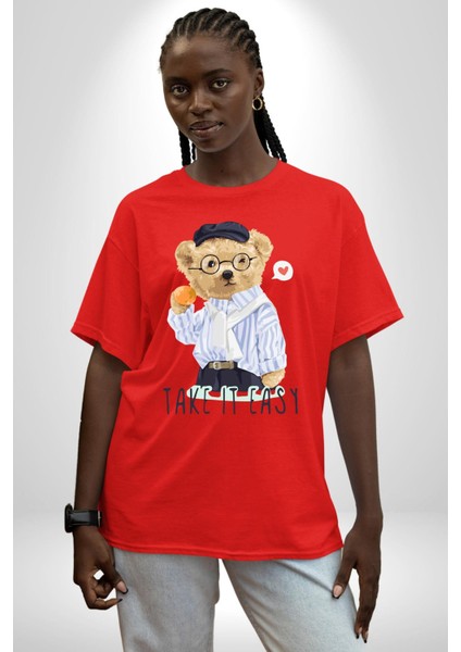 Boşver Oyuncak Tatlı Ayı Kadın Erkek Ön Baskılı Kırmızı Pamuklu Tişört Penye Klasik fırsatları