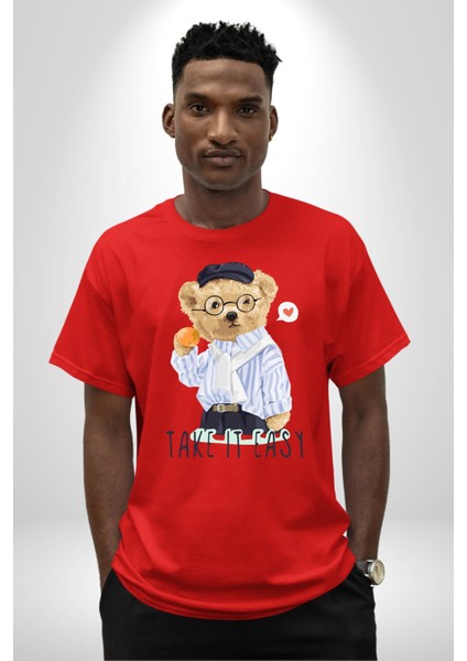 Boşver Oyuncak Tatlı Ayı Kadın Erkek Ön Baskılı Kırmızı Pamuklu Tişört Penye Klasik indirimleri